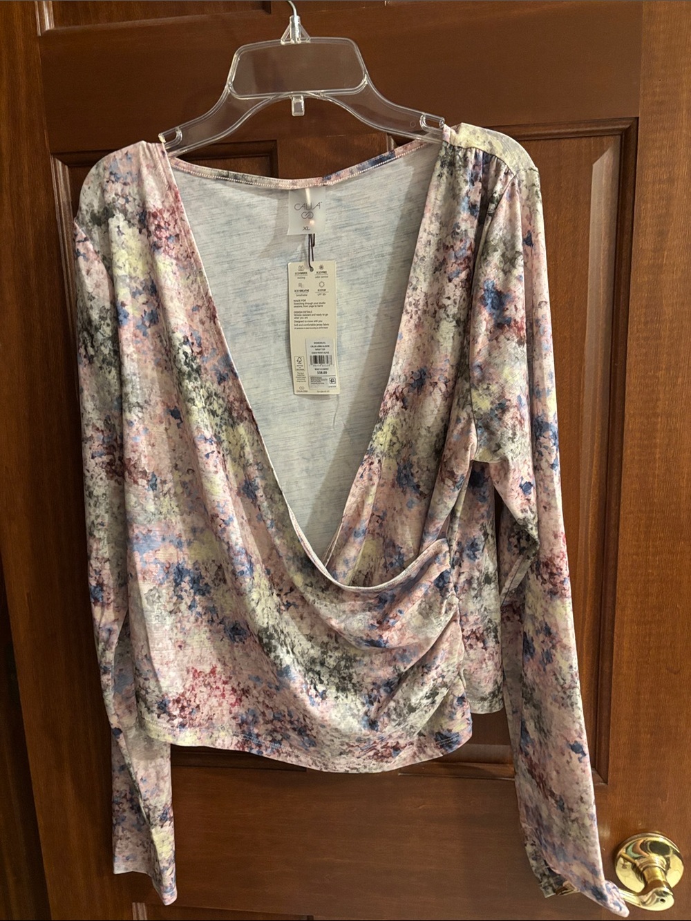 CALIA by Carrie Underwood Multicolor Floral Draped V-Neck Long Sleeve Top